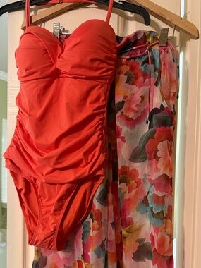 New Anne  Cole Orange Ruched One-Piece ladies Swimsuit with a floral cover up.